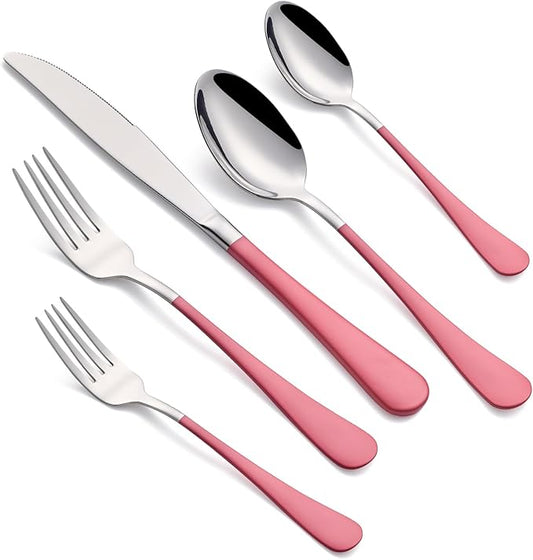 20-Piece Pink Silverware Set for 4, 18/0 Stainless Steel Flatware Cutlery Utensils Set, Include Dinner Knives,Dinner Forks,Dinner Spoons,Salad Forks,Teaspoons,Dishwasher Safe