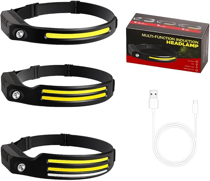 3-Pack Rechargeable LED Headlamps – High-Power USB Headlights COB Floodlight & Motion Sensor – Super Bright, Adjustable Beam, Water-Resistant – Ideal for Camping, Work, Fishing, Biking, Running