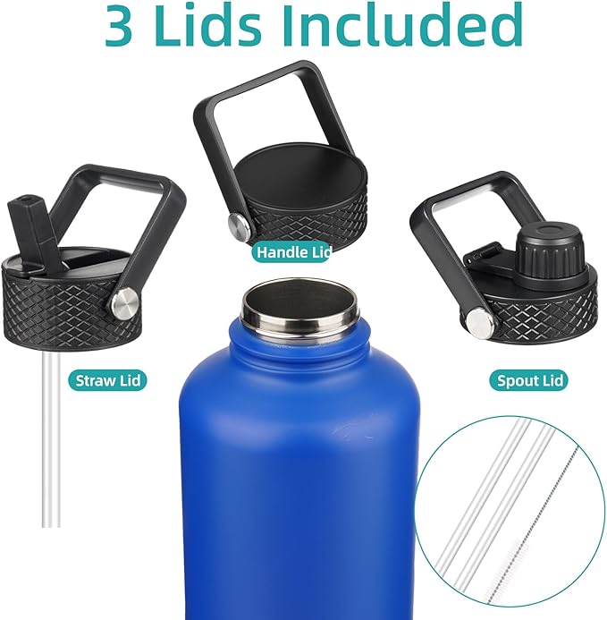 Insulated Water Bottle with Straw,50 oz 3 Lids Water Jug with Carrying Bag,Paracord Handle,Double Wall Vacuum Stainless Steel Metal Flask,Blue