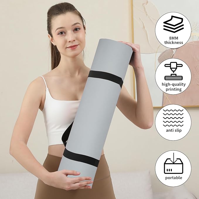 HAHE Yoga Mat Thick (8MM,1/3"), Eco-Friendly POE Non Slip Yoga Mat, High Rebound & Shock Absorption, Anti-Tear & Sweat-Resistant for Yoga, Fitness, Home, Workouts, Large Pilates Mats 72"x24" with Carrying Strap