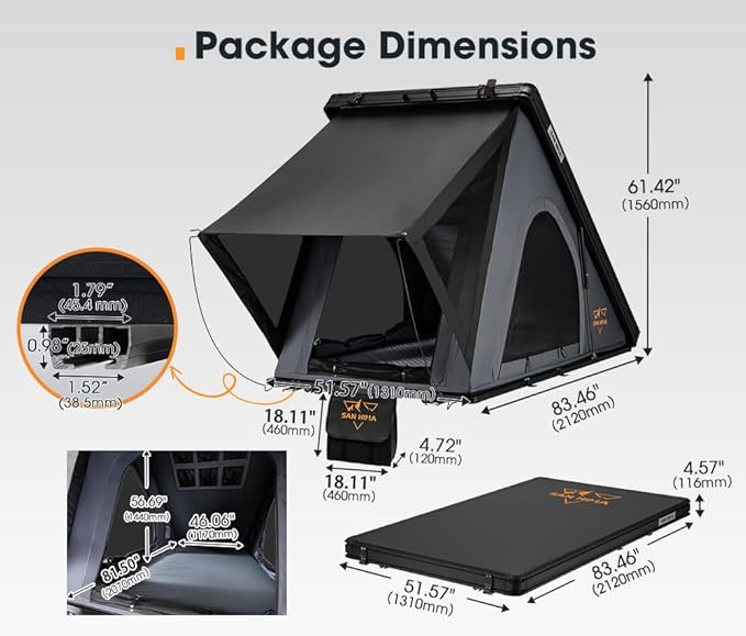 Sanhima Rooftop Tent Hard Shell - Hotham Lite Overland Aluminium Roof Top Tent 4.56" Slimline, w/Tri-Color LED Strip Light & 1.97” Thick Mattress, for Car SUV Truck Camping, 2-3 People