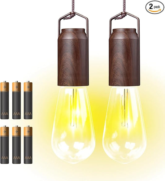 2 Pack Battery Operated Hanging Tent Light Bulb,Portable Outdoor Vintage LED Camping Light,Hurricane Pendant Emergency Lighting Lantern for Hiking Backpacking Fishing Outage Power Failure