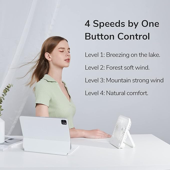 JISULIFE Small Desk Fan Battery Operated, 180° Foldable Portable Fan, 4 Speeds Adjustable Ultra Quiet for Home Office Travel Outdoor-White
