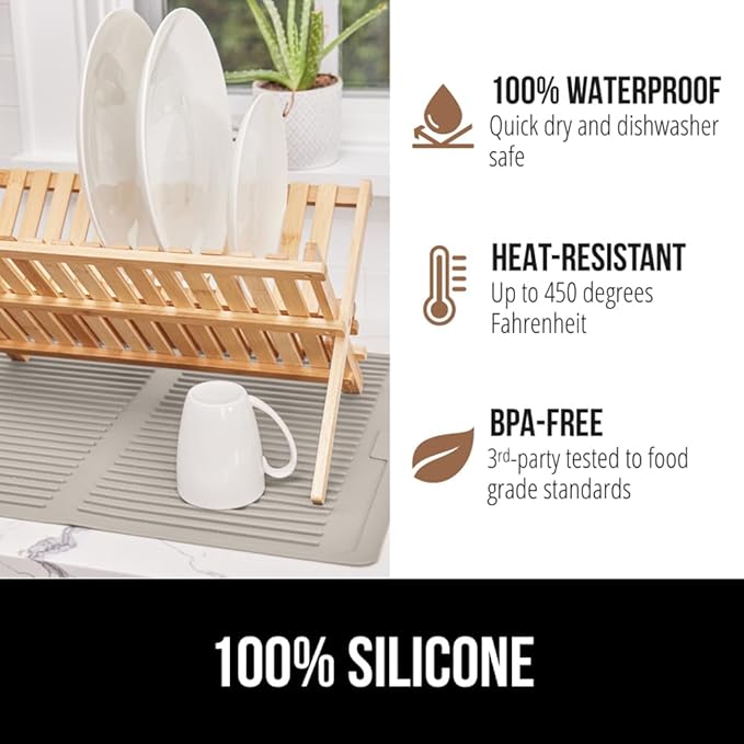 GORILLA GRIP 100% BPA-Free Patented Silicone Dish Drying Mat for Kitchen Counter, 18x24 Inch, Water Catching Ribbed Design, Easy Clean Waterproof Sink Liner, Heat Resistant, Fits Under Rack, Almond