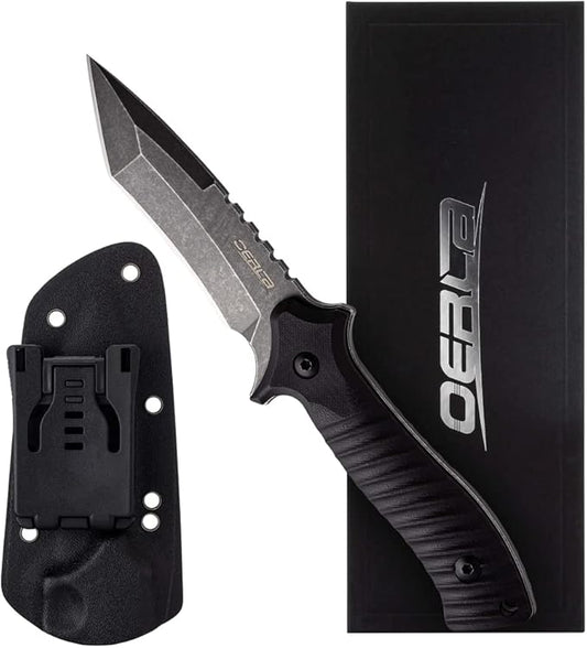 OERLA OLK-D47 Tactical Survival Knife with Kydex Sheath, D2 High Carbon Steel Fixed Blade Outdoor Knife, G10 Handle, EDC Tactical Belt Clip