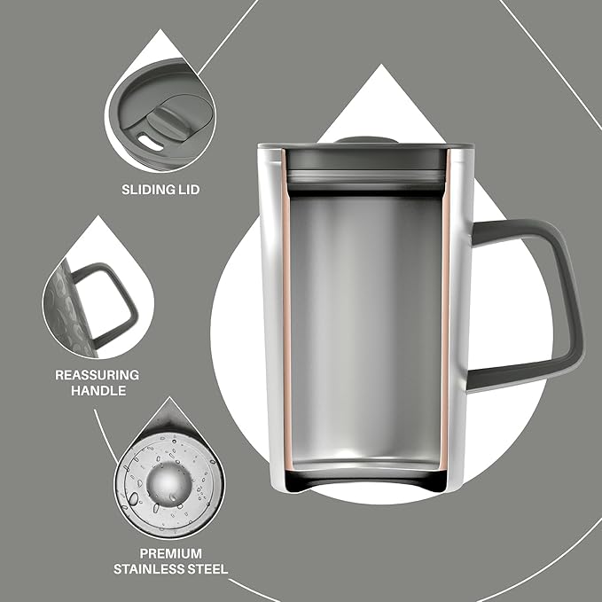 Ideus Vacuum Insulated Coffee Mug, 16oz Reusable Stainless Steel Thermal Double Walled cup with Handle and Slider Lid for Hot & Cold Beverages, BPA Free (Leapord Gray)