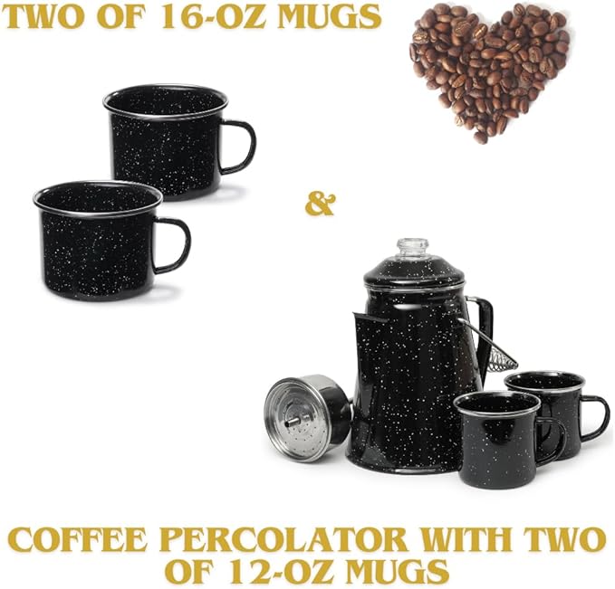 Toughty Classic Percolator Coffee Pot with 4 Enamel Mugs and Stainless Steel Filter - Original Camping Coffee Pot, Now Modernized – For Campsite Brewmasters