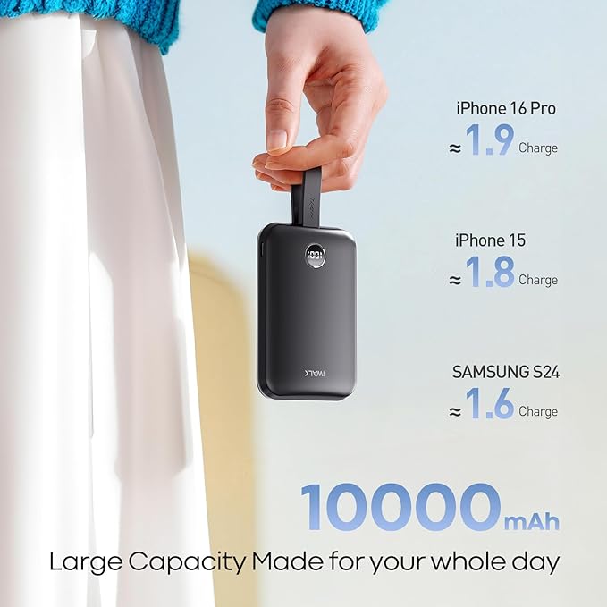 iWALK Magnetic Power Bank 10000mAh, 30W Wireless Portable Charger with Fast Charging USB-C Cable,Qi2 Certified 15W Battery Pack with LED Display for iPhone 16/16 Pro/15/14/13/12 Series, Samsung Galaxy