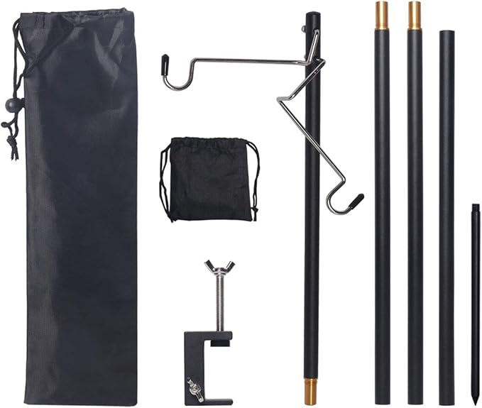 HIKEMAN Folding Lantern Stand Pole Portable Lamp Stand Hook Collapasible Light Stand Holder for Camping Fishing Picnic BBQ Outdoor Activities (Black)