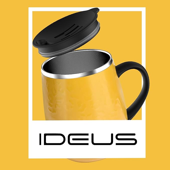 Ideus 16 oz Insulated Coffee Mug with Handle and Lid, Double Wall Stainless Steel Vacuum Thermal Coffee Mug, Travel Coffee Cup Thermal Cup for Home and Office, Leopard Yellow