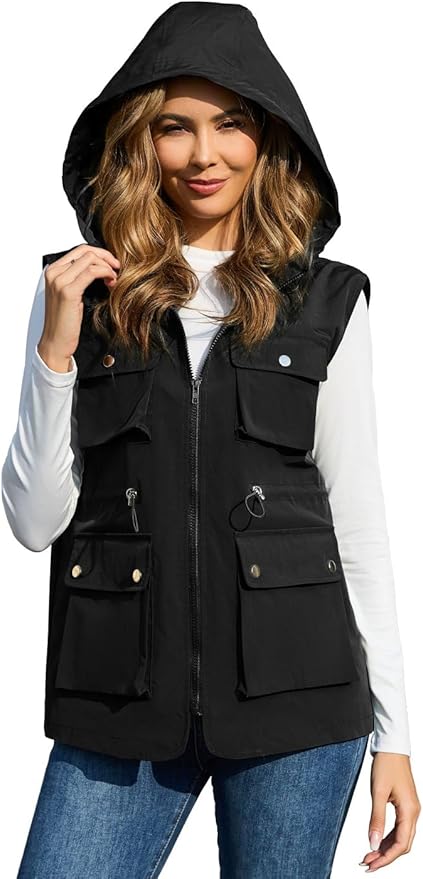 PESION Womens Packable Military Utility Vests Outerwear Waterproof Windbreaker Jacket Cargo Vest with Removable Hood