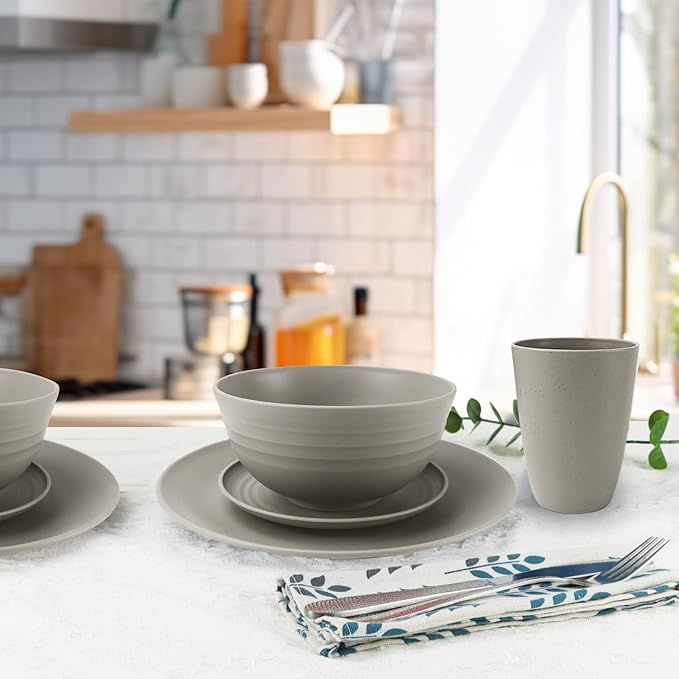 40 Pieces Plates and Bowls Sets, Wheat Straw Dinnerware Sets Service for 8, Camping Plates, Cereal Bowls and Drinking Cups, Lightweight and Reusable Plastic Dinnerware Sets (Grey)