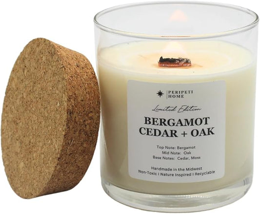 PERIPETI Home Bergamot, Cedar + Oak Scented Candle, Wooden Wick – 8.5oz Natural Soy Wax for Energizing Aromatherapy, Long-Lasting Burn