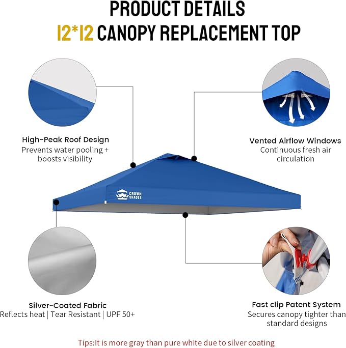 CROWN SHADES 12x12 Canopy Replacement Top - Only Compatible with Crown Shades RM144 Series, Silver Coated with Air Vent, Blue (Top Only)