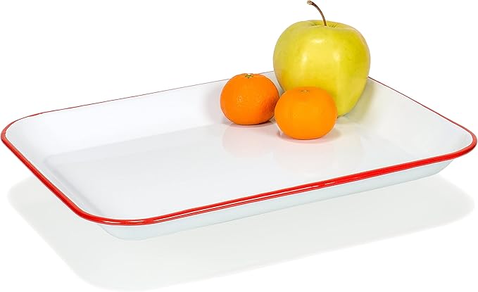 Red Co. 13.5” x 10” Enamelware Metal Classic 1.6-Quart Rectangular Serving Tray, Solid White/Red Rim