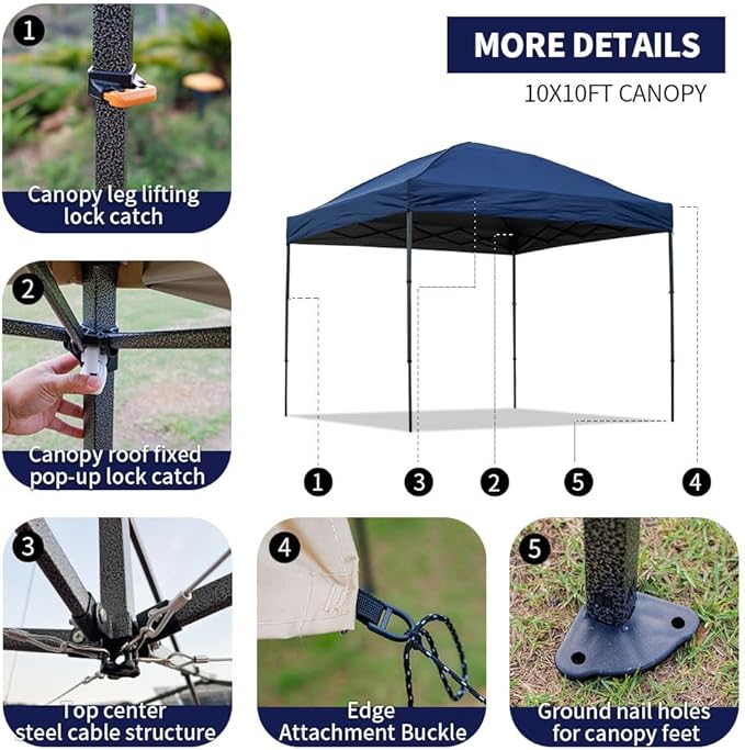 10x10 Pop Up Canopy Tent with 2 Sidewalls, Waterproof Shade Canopy with Sand Bags Outdoor Canopy Tent for Camping Beach Parties Backyard (Navy Blue)