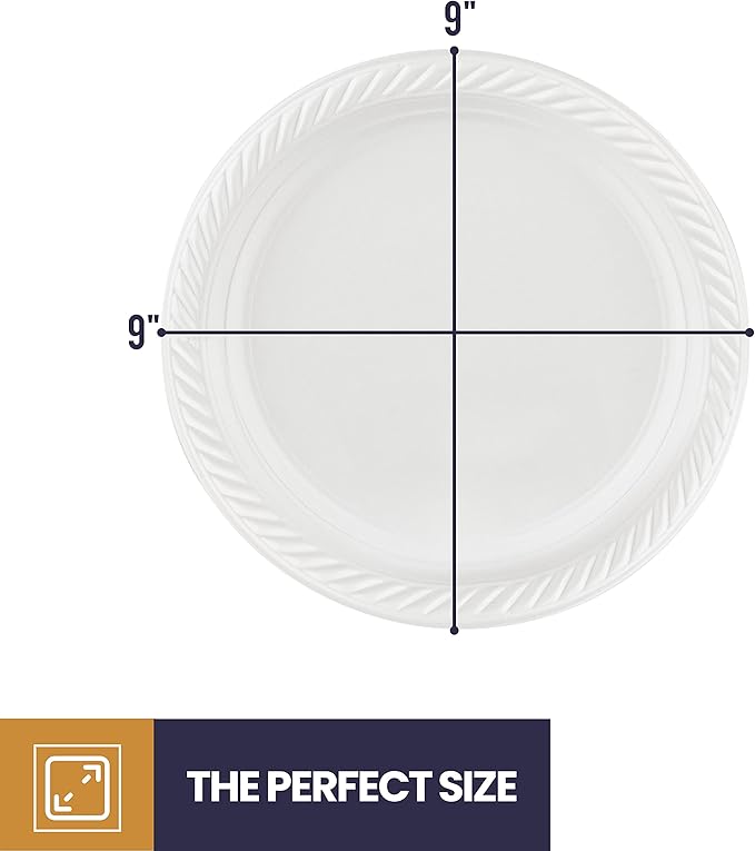 125 Pack - 9 Inch White Plastic Plates Disposable Strong and Sturdy