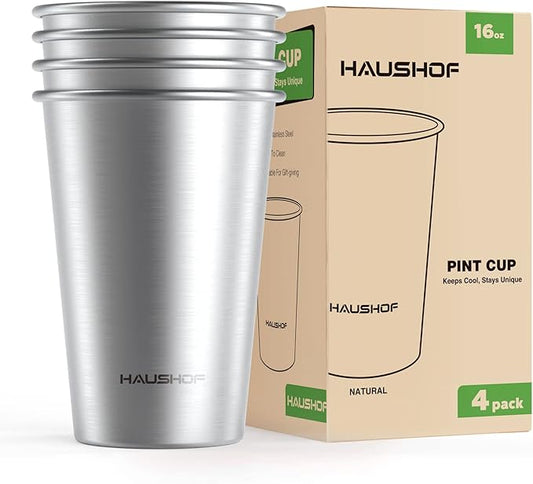 HAUSHOF Pint Cup, 16 oz Stainless Steel Cups, Stackable Metal Drinking Cups, Stacking Beer Pint Cups for Home, Party, Camping, Outdoor, Unbreakable, 4 Pack