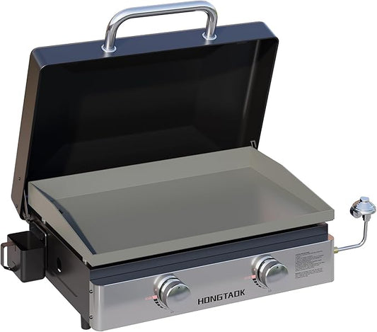 23 Inch Portable Propane Gas Grill with Lid & Stainless Steel Front Plate, Propane Tabletop Flat Top Grill for Camping, BBQ and Outdoor Cooking, 2 Burners