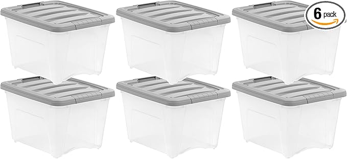 Amazon Basics Plastic Storage Containers with Secure Latching Lids, Stackable Organization Bins, Clear/Grey, 19 Quart, Set of 6