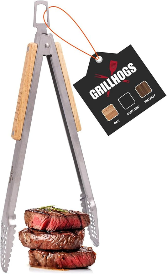 12" Tongs 18/0 Stainless Steel BBQ Grill Tongs with Ergonomic Real Oak Wood Handle for Cooking - Durable Grilling Accessory, Tongs for Cooking & Kitchen, Outdoor Barbecue, Easy to Clean