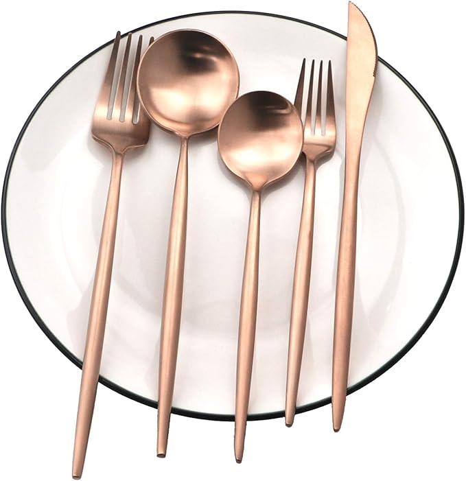 Gugrida Copper Gold Flatware, Royal 20 Pieces Luxury Matte Finish 18/10 Stainless Steel Tableware Sets for 4 Including Forks Spoons Knives, Camping Silverware Travel Utensils Set Cutlery (Rose Gold)