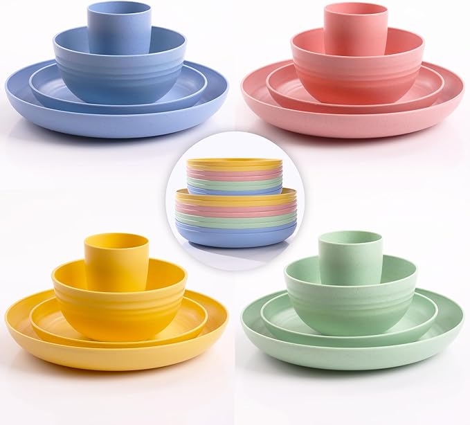 32 pcs Unbreakable Lightweight Wheat Straw Dinnerware Sets for 8, Reusable Kids Plates and Bowls Sets Non Toxic, Microwave and Dishwasher Safe Plastic Dishes Set, Camping RV Picnic Dishes
