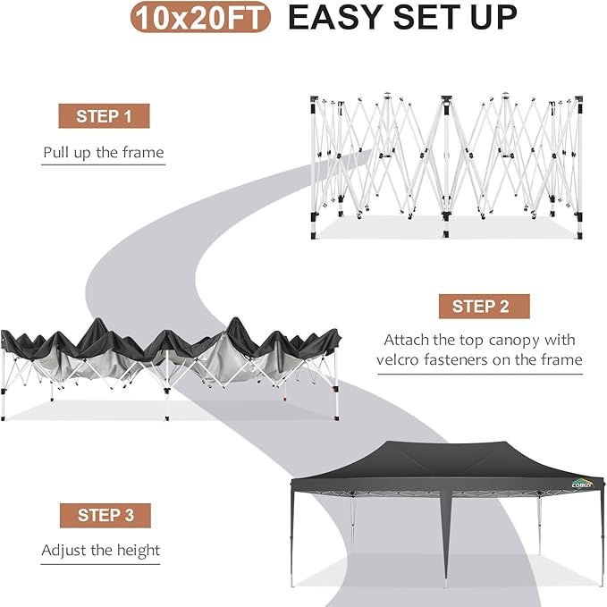 COBIZI 10x20 Pop Up Canopy Tent with Sidewalls,Party Tent Outdoor Gazebos, Waterproof & UV50+,3 Adjustable Heights,Higher Frame Design - Extra Tall for Parties Backyard,Weddings,Markets,Black
