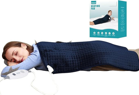 Ruqiji 17''x33'' XXXL King Size Heating Pad with 120 Minutes Auto Shut Off&6 Temperature Settings, Flannel Electric Heating Pad/Pain Relief for Back/Neck/Shoulders/Menstrual Pain/Leg Cramp (Dark Blue)