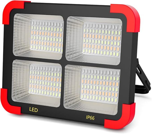 100W Solar LED Work Light - Ultra Bright Portable Flood Light with Stand IP66 Waterproof 5 Modes Rechargeable Lamp for Job Site, Camping, Fishing, Car Repair & Emergency