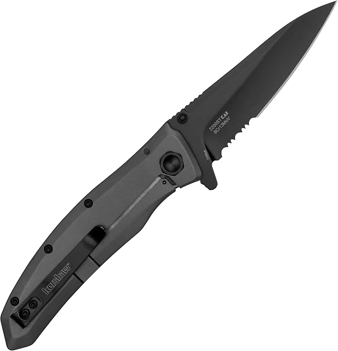 Kershaw Grid Folding Pocket Knife, 3.7 inch Black Serrated Blade, Steel Handle, Pocketclip & 3-Inch Blue Pocketknife with SpeedSafe Opening and Deep Carry Pocketclip