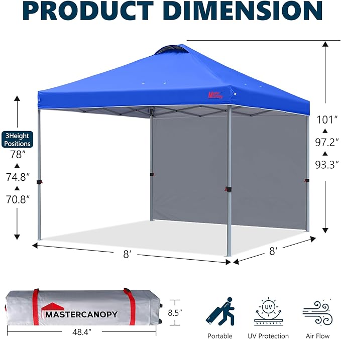 MASTERCANOPY Durable Pop-up Canopy Tent with 1 Sidewall (8'x8',Blue)
