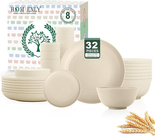 Homienly 32 PCS KItchen Wheat Straw Dinnerware Sets for 8, Reusable Plates and Bowls Sets, Dishes Set for 8, Alternative to Plastic Dish Set for Camping, PIcnic, Microwave and Dishwasher Safe - Beige
