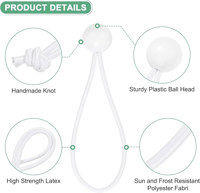 50-Pack Ball Bungee Cords, 6 Inch High Elastic Canopy Tarp Tie Down Bungee Balls for Camping/Tent/Cargo Holding Wire Hoses/Patio Umbrellas/Shelter [White]