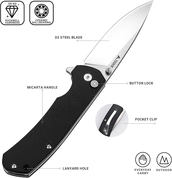 Pocket Knife for EDC, 3.54” D2 Blade Micarta Handle Flipper Folding Knife for Men Women with Thumb Stud & Deep Clip for Utility Daily Carry Camping Hiking Fishing