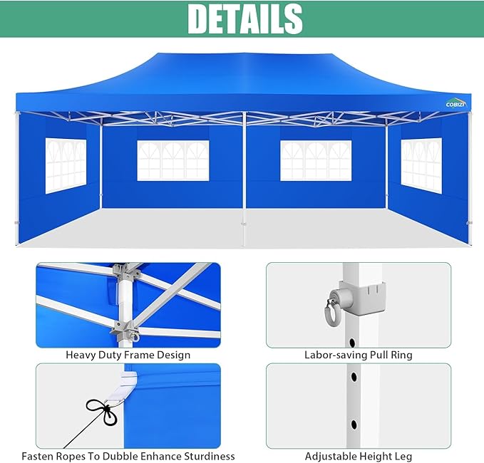 COBIZI 13x26 Pop Up Canopy with Sidewalls Heavy Duty Canopy Party Tent for Parties, Outdoor Wedding Large Event Tent Wind Waterproof UPF 50+ Ez Up in Garden Lawn with Roller Bag, Blue