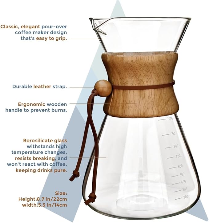 AGOGO Pour Over Coffee Maker Glass - 6/8/10 Cup Barista Kit with 304 Stainless Filter for Home, Office, Camping, Cafes - Easy Clean Coffee Dripper Set (Rag&Brush Included) (10 Cup/34 oz-Slim Shape)