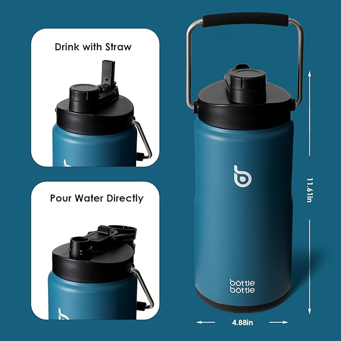 BOTTLE BOTTLE Insulated Water Bottle 64 oz with Straw and Dual-use Lid Half Gallon Water Jug Vacuum Stainless Steel for Workout and Sports Insulated Beer Growler with Handle Lake blue