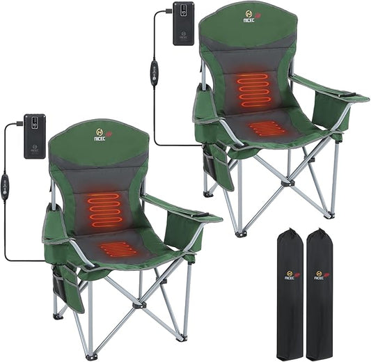 Nice C Heated Camping Chair with Battery, Heated Outdoor Sports Chair, Folding Chairs, with Cooler Bag, Cup Holder, Carry Bag, 10000 mAh Power Bank Included (Green&Grey, Set of 2)