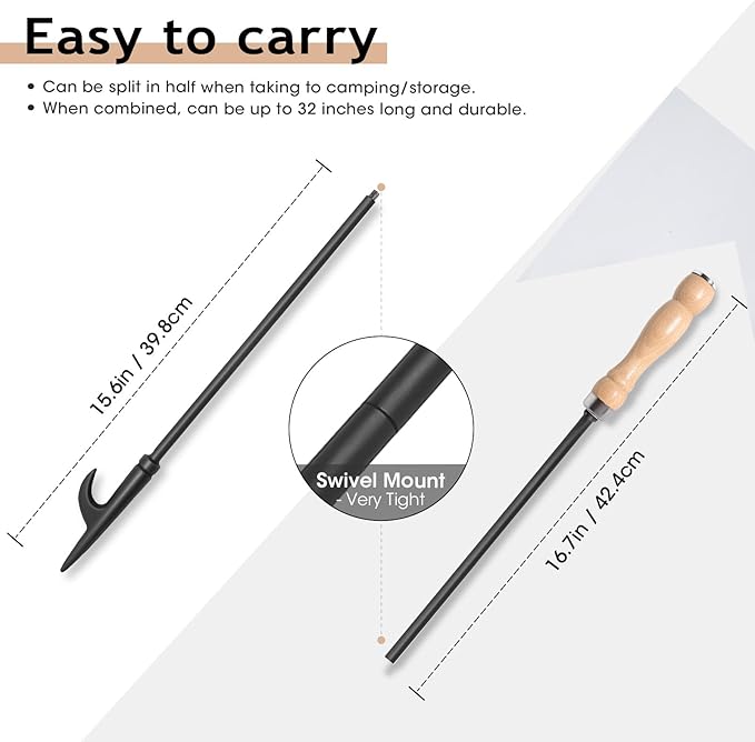 AGM Fire Poker for Fire Pit, 32" Long Heavy Duty Campfire Poker Stick with Wooden Handle for Camping, Fireplace, Bonfires, Rust Resistant Portable Fire Pit Tools Accessories for Outdoor & Indoor
