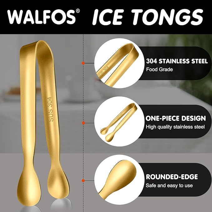Walfos Small Gold Tongs For Serving,Food Grade Stainless Steel 4" Mini Tongs Appetizers for Parties Catering, Sugar，Desserts，Tea Party, Coffee Bar, Set of 12 （Gold）