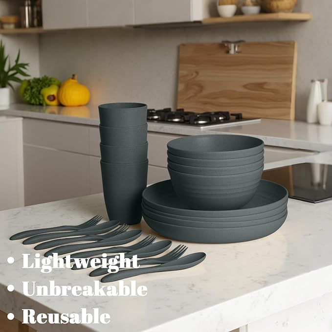 Wheat Straw Dinnerware Sets for 4, Lightweight and Unbreakable Plates and Bowls Sets, Alternatives Plastic Dinnerware Sets Reusable, Dorm Kitchen Essentials for Camping, Party (Dark Grey)