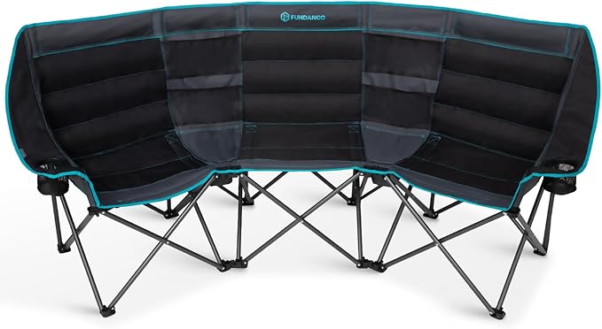 FUNDANGO Double Camping Chair with Cooler, 3 Person Folding Oversized Loveseat Camp Chairs for Adults Fully Padded Couch with Cup Holder for Outdoor Lawn Beach Patio Support 1000 LBS Black/Blue