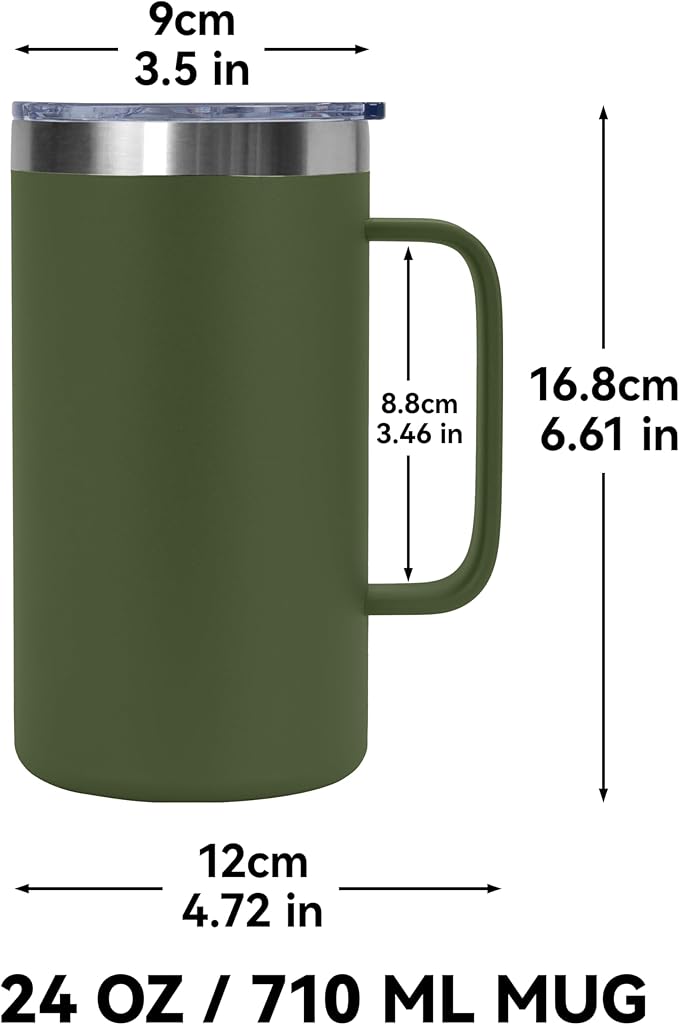 DOMICARE 24oz Mug with Handle and Lid, Stainless Steel Coffee Mug, Travel Mug with Handle, Double Wall Vacuum Coffee Tumbler, Reusable Insulated Cup, Army Green, Pack 8