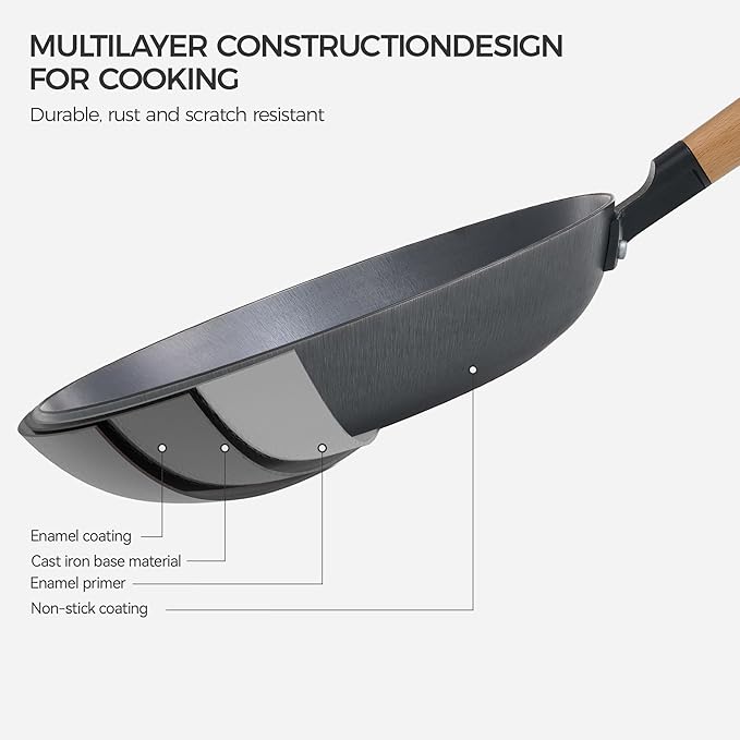 YUTANN Non Stick 12 inch Frying Pan, Lightweight Cast Iron Pan, Preseasoned Cast Iron Skillet with Wooden Handle, Cooking Pan Induction Frying Pan Easy Cleanup, Oven Broiler Safe 500F