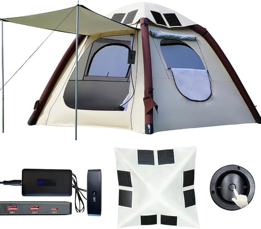 Cow-HQUS Camping Tents 4 Person, Pop Up Tents for Camping, Family Auto-Inflating Instant Pop Up Folding House with Screen Porch, Dome Large Inflatable Tents for Camping/Hiking/Beach(Solar Tent)