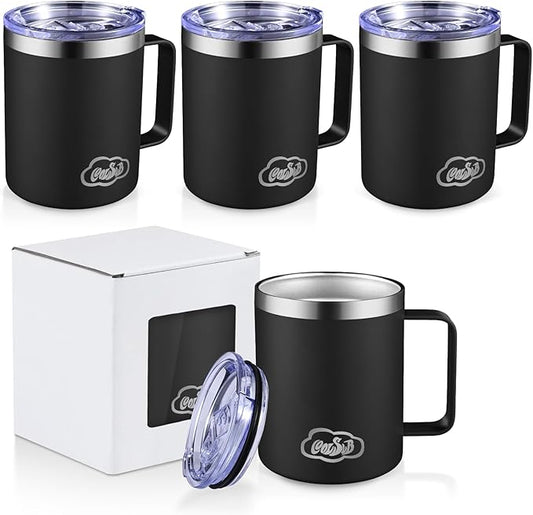 12oz Insulated Coffee Mug with Handle, Stainless Steel Wide Mouth Travel Tumblers with Lid, Double Wall Vacuum Coffee Cup for Camping, Office, Black 4 Pack