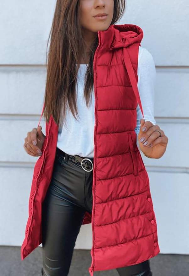 Veatzaer Women Long Vest Solid Color Sleeveless Hood Winter Puffer Vest Outwear