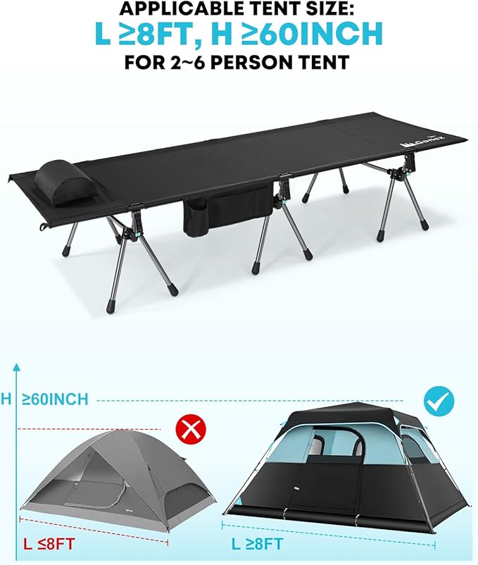 Gonex Camping Cot with Leg Extenders 2 in 1 Portable Ultralight Folding Cot for Adults Adjustable Height Supports 350lbs Sleeping Bed for Backpacking Travel Beach Home 74.8"x27.5"(Black, 1 PCS)