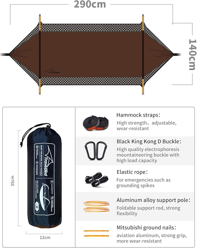 Camping Hammock Tent with Mosquito Net and Sunshade, Extra Large for 2 Person, Lightweight Hanging Hammocks Tree Straps, Bivvy Ground Tent for Outside, Hiking, and Travel